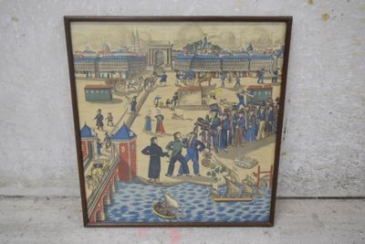 tableau encadré représentant une scène urbaine avec des personnages et des bateaux