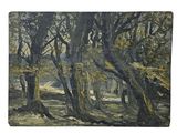 un tableau représentant des arbres dans une zone boisée, avec une rivière en arrière-plan
