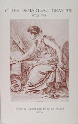 un vieux livre sur lequel figure le dessin d'une femme assise à un bureau