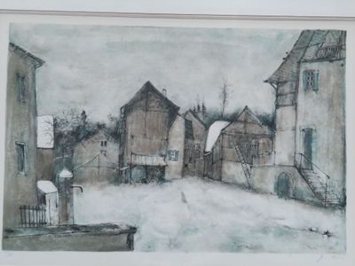 tableau représentant un vieux bâtiment surmonté d'une horloge