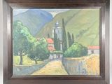 framed oil painting of a village scene with a church in the distance