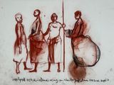 drawing of a group of people standing next to each other on a wall