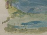 a watercolor painting of a bird flying over a body of water
