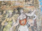 dessin représentant une femme en haut rouge et une femme en robe jaune