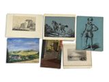 several old books with drawings of people and animals on them