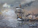 painting of a painting of a ship in the water with other boats in the background