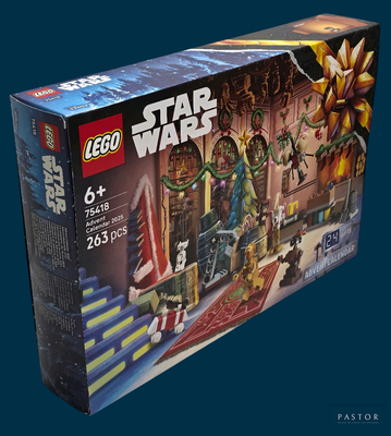 une boîte contenant des sets Lego Star Wars sur fond bleu