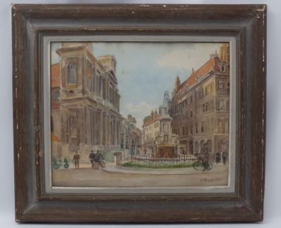tableau représentant une scène de rue avec une calèche au milieu de la rue