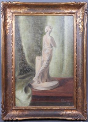 une peinture à l'huile représentant une femme debout sur une table, à côté d'un vase
