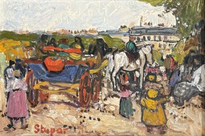 a painting of a horse drawn carriage with people around it