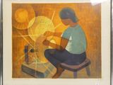 tableau représentant une femme assise sur un tabouret devant un fond jaune