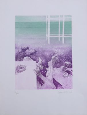 une image représentant un tableau où l'on voit un chien et un chat sur une plage