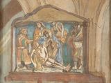 a painting on the wall of a church depicting jesus being nailed to the cross