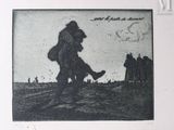 a black and white drawing of a man carrying a child