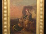 an oil painting of a woman sitting on a rock with a dog