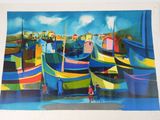 a picture of a painting of boats in a harbor