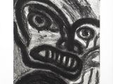 a black and white drawing of a skull with a man ' s face