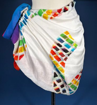 a close up of a dress with a colorful design on it