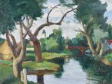 un tableau représentant une rivière qui traverse un champ verdoyant