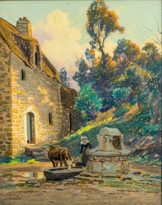 an image of a painting of a man and a horse in front of a stone building