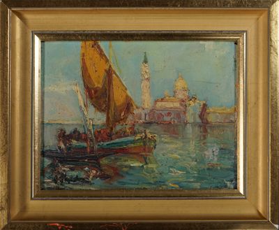 une peinture à l'huile représentant un bateau sur un plan d'eau, avec un bâtiment en arrière-plan