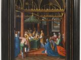 une peinture à l'huile représentant un groupe de personnes réunies autour d'une table