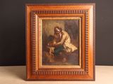 an old painting of a woman kneeling down with a dog