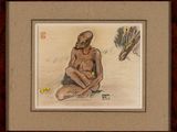 painting of a man sitting on the ground with a bird in the background