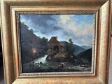an oil painting of a river scene with a castle in the background
