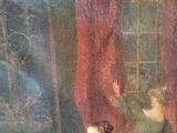 a painting of a woman sitting on a bed