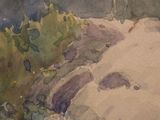 a watercolor painting of a dirt road with trees in the background