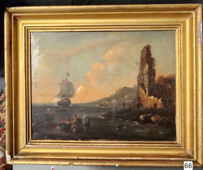 an oil painting of a ship in a body of water with a castle in the background