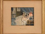 tableau représentant deux femmes assises sur un lit dans une chambre