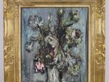 painting of a vase of flowers in a gold frame on a white background