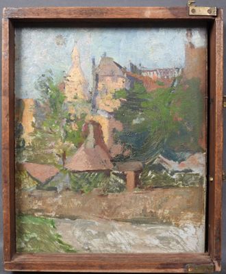 une image représentant un tableau représentant une ville, dans un cadre en bois
