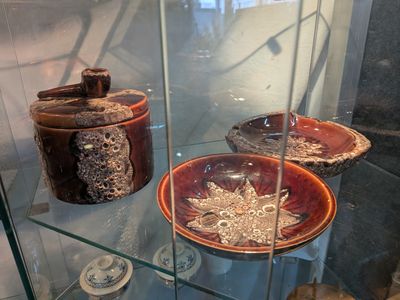 une vitrine en verre remplie de différentes sortes de poteries