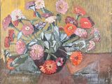 une peinture de fleurs dans un vase sur une table