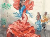 painting of a woman in a red dress dancing in a room