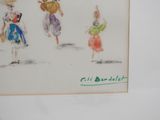 drawing of a group of people walking down a street holding umbrellas