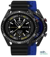 the watch is black and blue with a yellow second hand