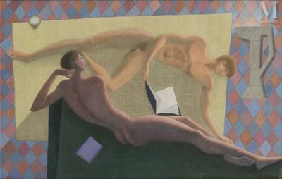 a painting of a man and a woman laying on a couch