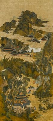 une image représentant un tableau représentant un paysage avec des bateaux sur l'eau