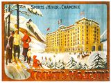 painting of a hotel with skiers and snowboarders in front of a snowy mountain