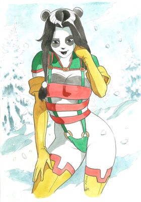 un dessin représentant une femme avec un snowboard dans la neige
