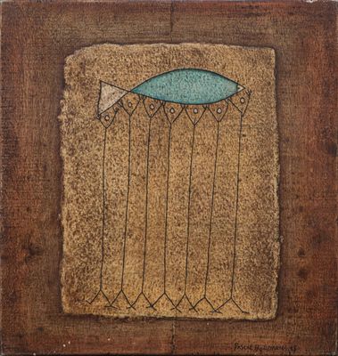 an image of a painting of a fish on a piece of wood