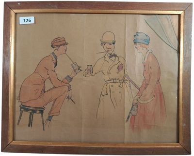 an image of a drawing of two men and a woman sitting at a table