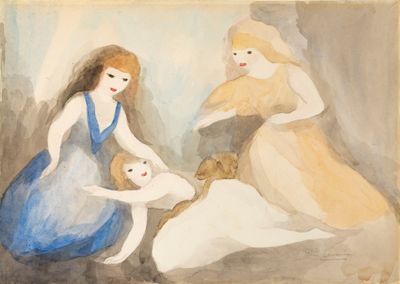 un tableau représentant trois femmes et un bébé dans une pièce