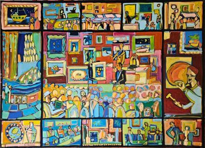 tableau représentant un collage de photos de personnes dans une pièce