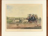 une image représentant un tableau d'une calèche tirée par des chevaux, avec des personnes à bord