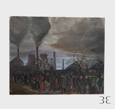 un tableau représentant un groupe de personnes debout devant une usine